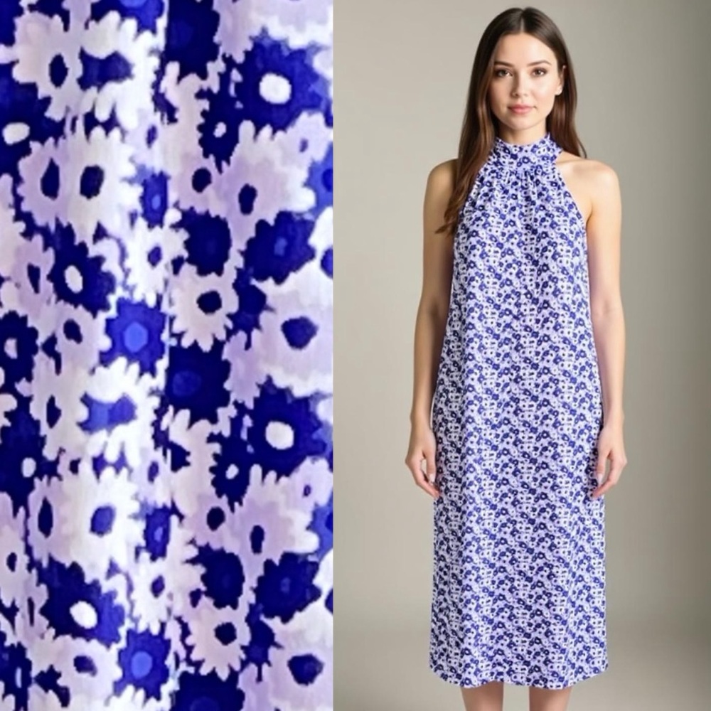 MICHAEL Michael Kors Blue Halter Dress White Floral Print Size Small